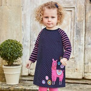 Jojo Maman bebe dress llama appliqué embroidered navy long sleeve toddler girl